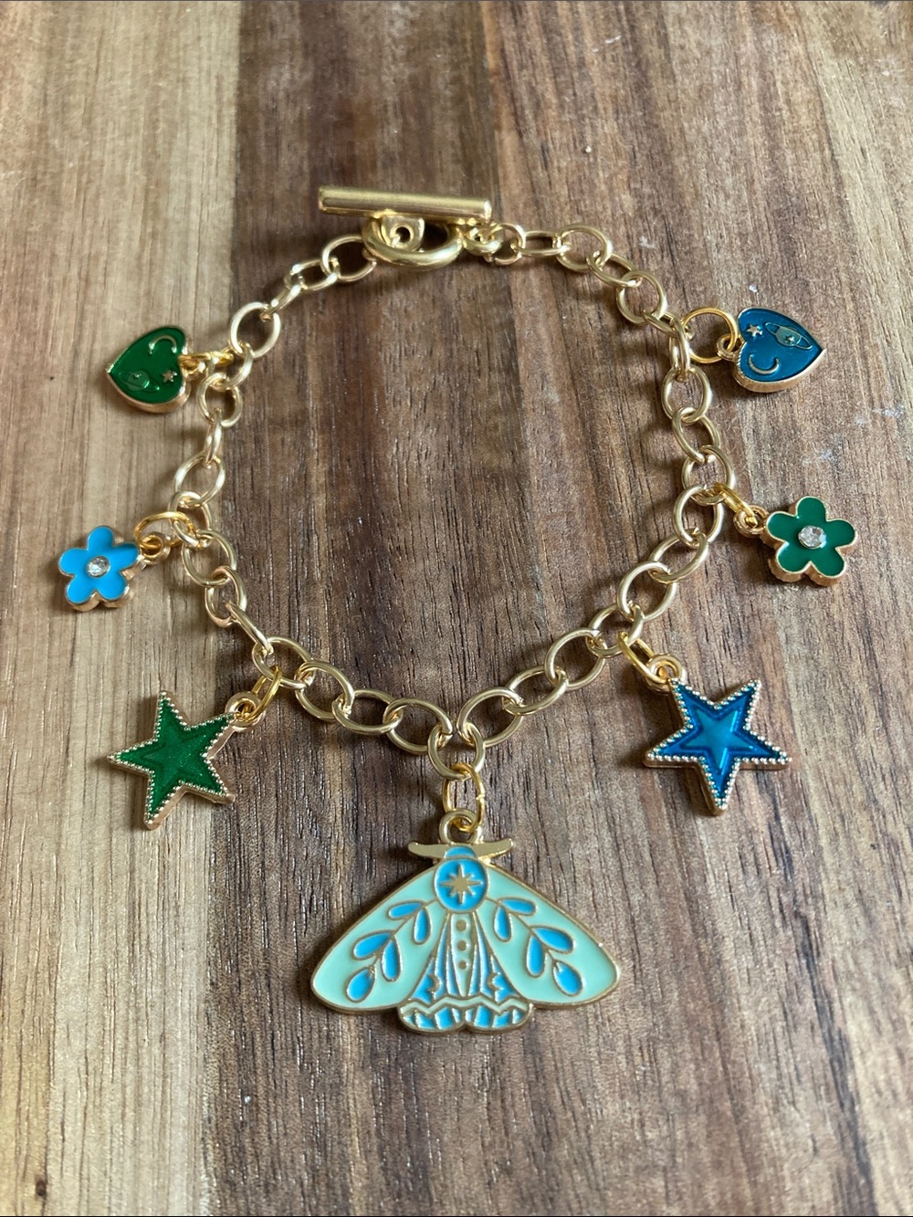 Gold Celestial Moth Bracelet with Blue & Green Enamel Charms